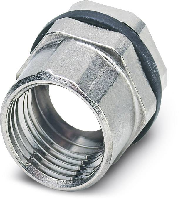 Metalen verbindingselement met schroefdraad en zeskantbout, omringd door een zwarte afdichtingsring. Gebruikt voor buisaansluitingen.