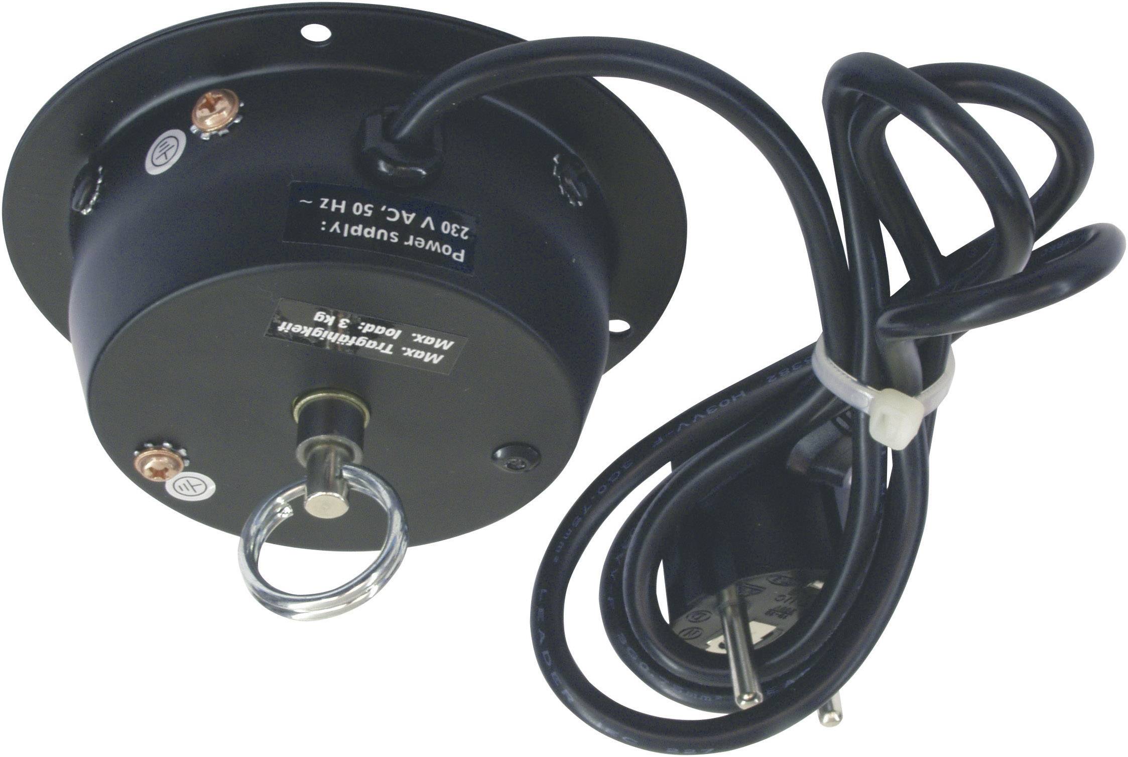 Zwarte adapter voor kabelverlichting met kabel en stekker. Hij heeft een bevestigingsring en is ontworpen voor 220V AC.