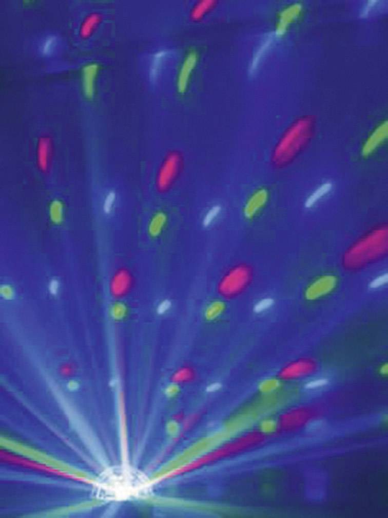 Gekleurde lichtstralen en punten stralen uit van een discbal, waarbij ze een levendig patroon creëren op een blauwe achtergrond.