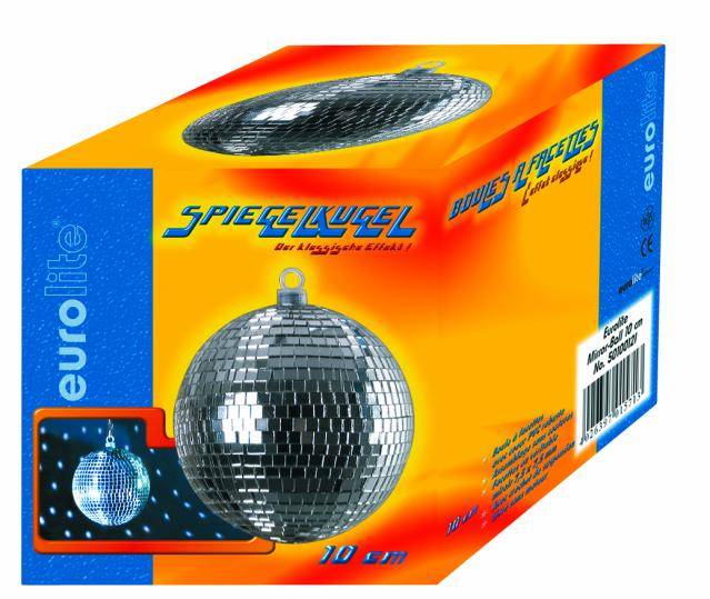 Packaging of a 10 cm mirror disco ball by Eurolite, with starry sky effect, on an orange-blue background.