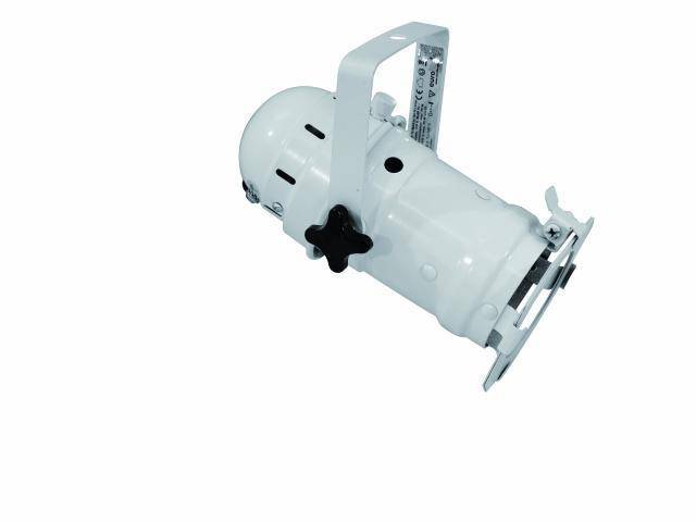 Een witte podiumschijnwerper met een steun voor bevestiging, geschikt voor gerichte verlichting van objecten of gebieden.