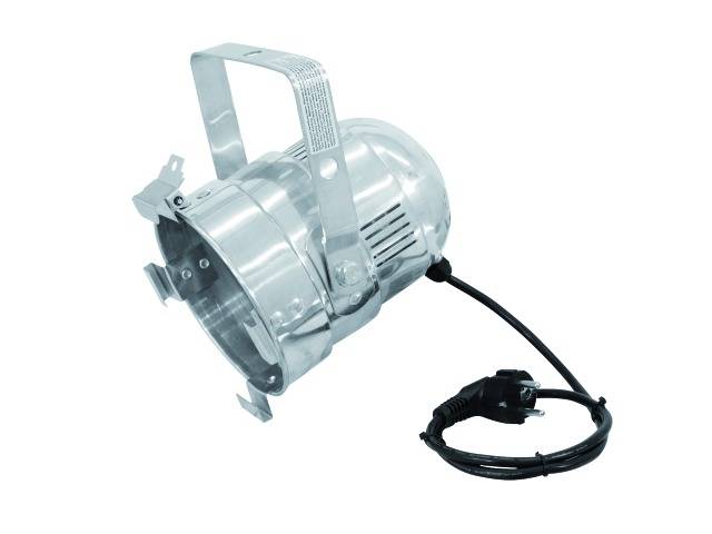 Zilveren podiumspotlight met stroomkabel, geschikt voor verlichtingseffecten in theater- of concertomgevingen.