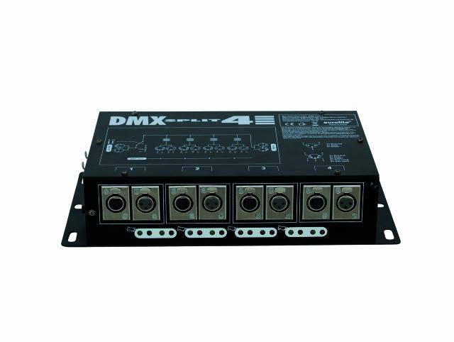 Elektronisch DMX-splitapparaat met meerdere in- en uitgangen op een zwarte metalen plaat.