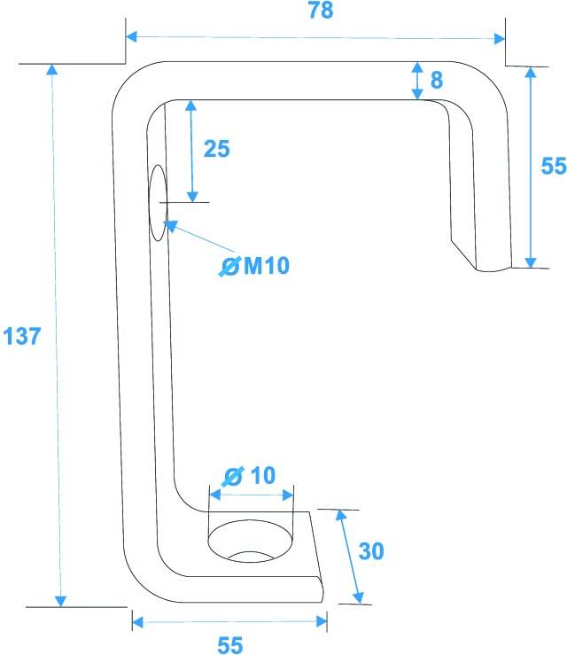 Technische tekening van een metalen haak met afmetingen: hoogte 137 mm, breedte 78 mm, diepte 55 mm. Boringen met diameter 10 mm.