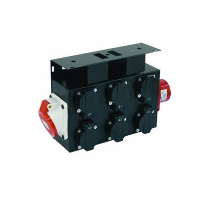 Een zwart verdeelkastenmodule met meerdere stopcontacten en een rode aansluiting aan de zijkant, voor industriële stroomverdeling.