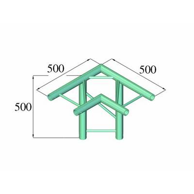 3D-diagram van een staalframe met twee driehoekige liggers, beide met zijden van 500 mm. Bovenste structuur groter dan de onderste.