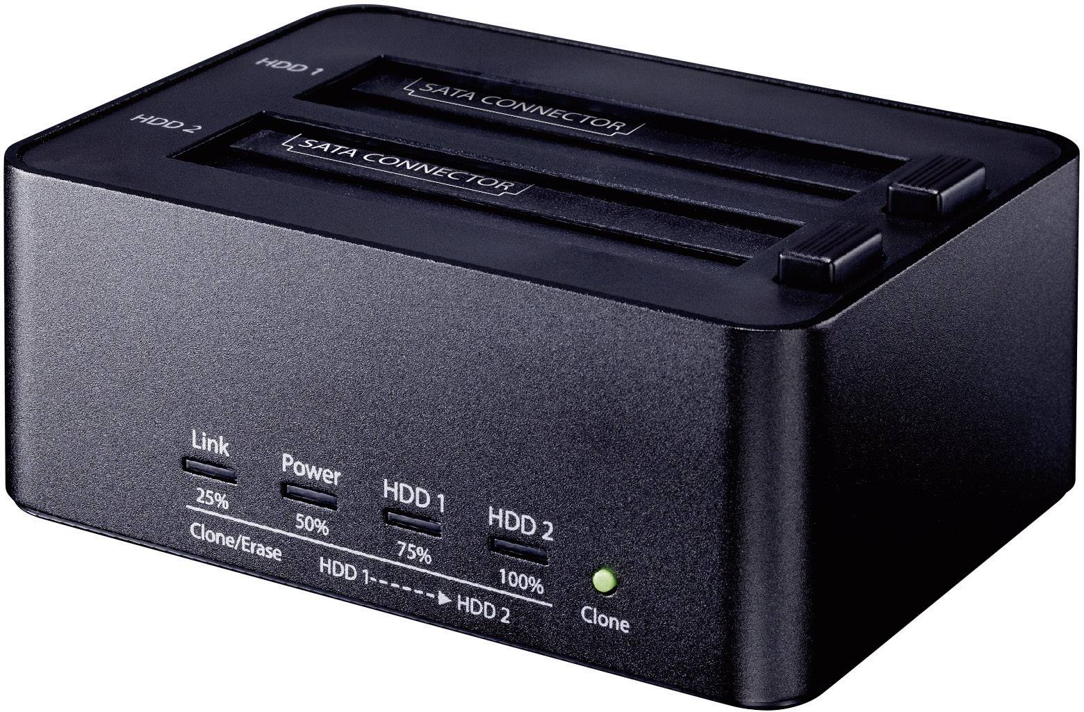 'Dual HDD-dockingstation met twee SATA-aansluitingen, LED-indicatoren voor bedrijfsstatus, verbindingen en kloonmogelijkheden.'