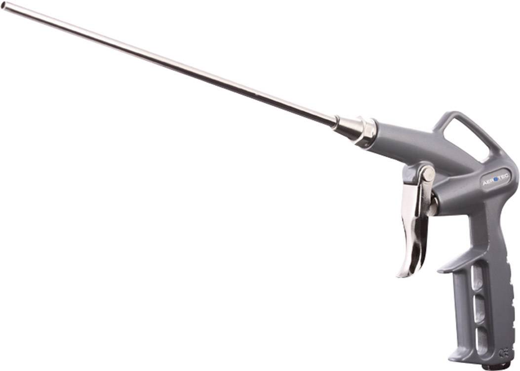 Persluchtpistool met een lang, smal metalen pijp en een ergonomische kunststof handgreep. Wordt gebruikt voor reiniging of luchttoevoer.