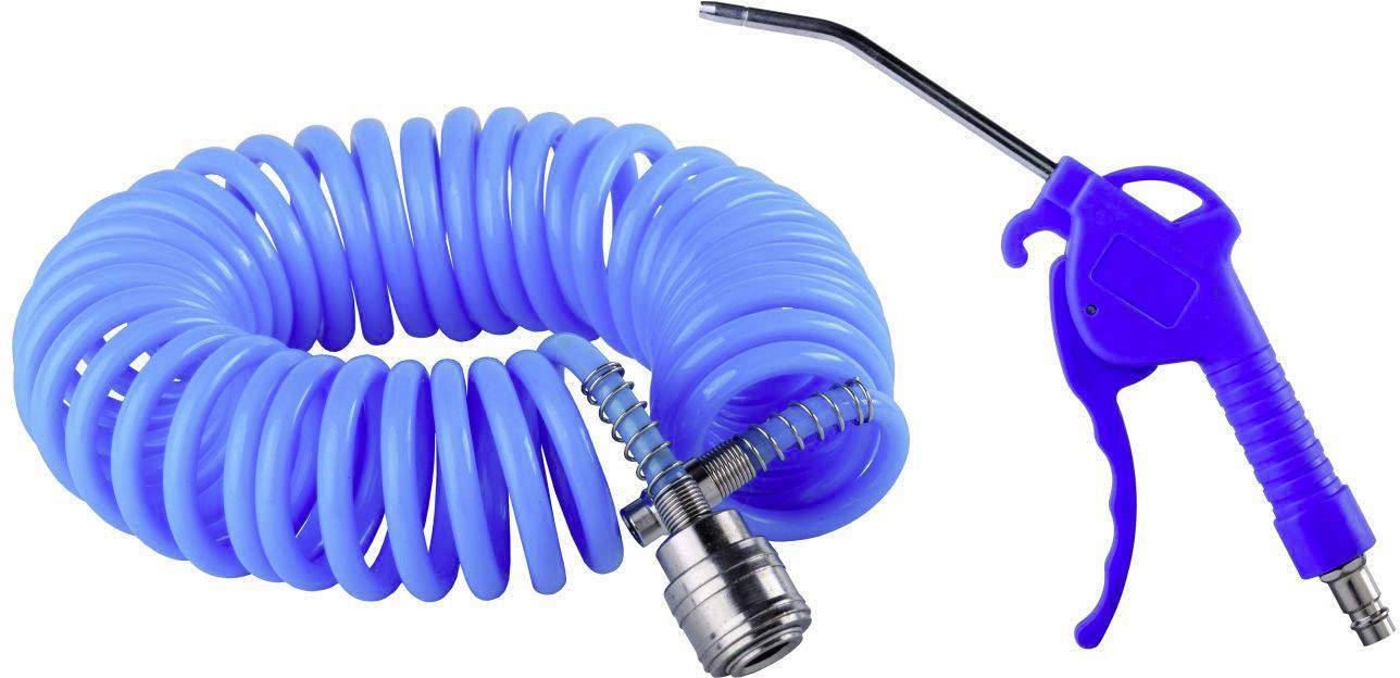 Blauwe spiraalslang met mondstuk, geschikt voor persluchtpistoelapplicaties in werkplaatsen of garages.