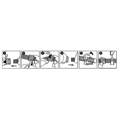 Stapsgewijze handleiding voor het installeren van een slangklem: 1. Steek de buis in, 2. Bevestig de klem, 3. Draai de schroef aan, 4. Vastmaken, 5. Draai de klem, 6. Eindpositie vergrendelen.