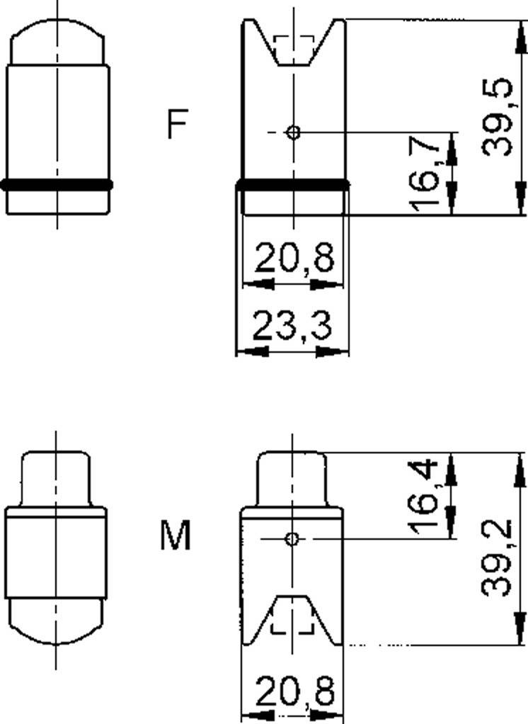 Technische tekening van F- en M-connectoren met afmetingen: F 39,5 mm lang, maten 16,7 mm en 23,3 mm. M 39,2 mm lang, maten 16,4 mm.