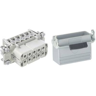 Een trapeziumvormige en een rechthoekige connector, beide grijs. De trapeziumvormige heeft schroefklemmen; de rechthoekige heeft een klep.