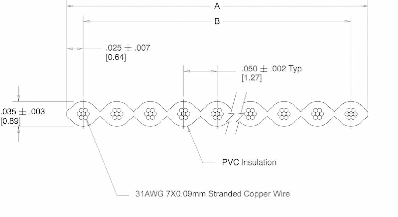 Technische tekening van een kabel met PVC-isolatie. Afmetingen: Draaddiameter 0,89 mm, tussenruimte 1,27 mm. Koperdraad 31AWG 7x0,09 mm.