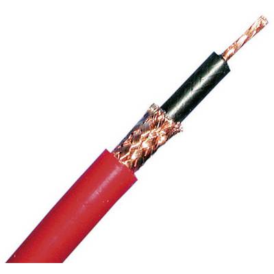 Een coaxkabel met rode isolatie die de interne structuur toont: koperdraad, afscherming, diëlektricum, buitenmantel.