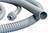 Grijze, flexibele golfbuis van kunststof die wordt gebruikt voor kabelafscherming. Toont slanglengte en aansluitstuk.