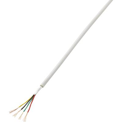 Een meeraderig kabel met een witte beschermmantel toont vier gekleurde draden: rood, groen, geel en zwart, waarvan de koperen aders zichtbaar zijn.