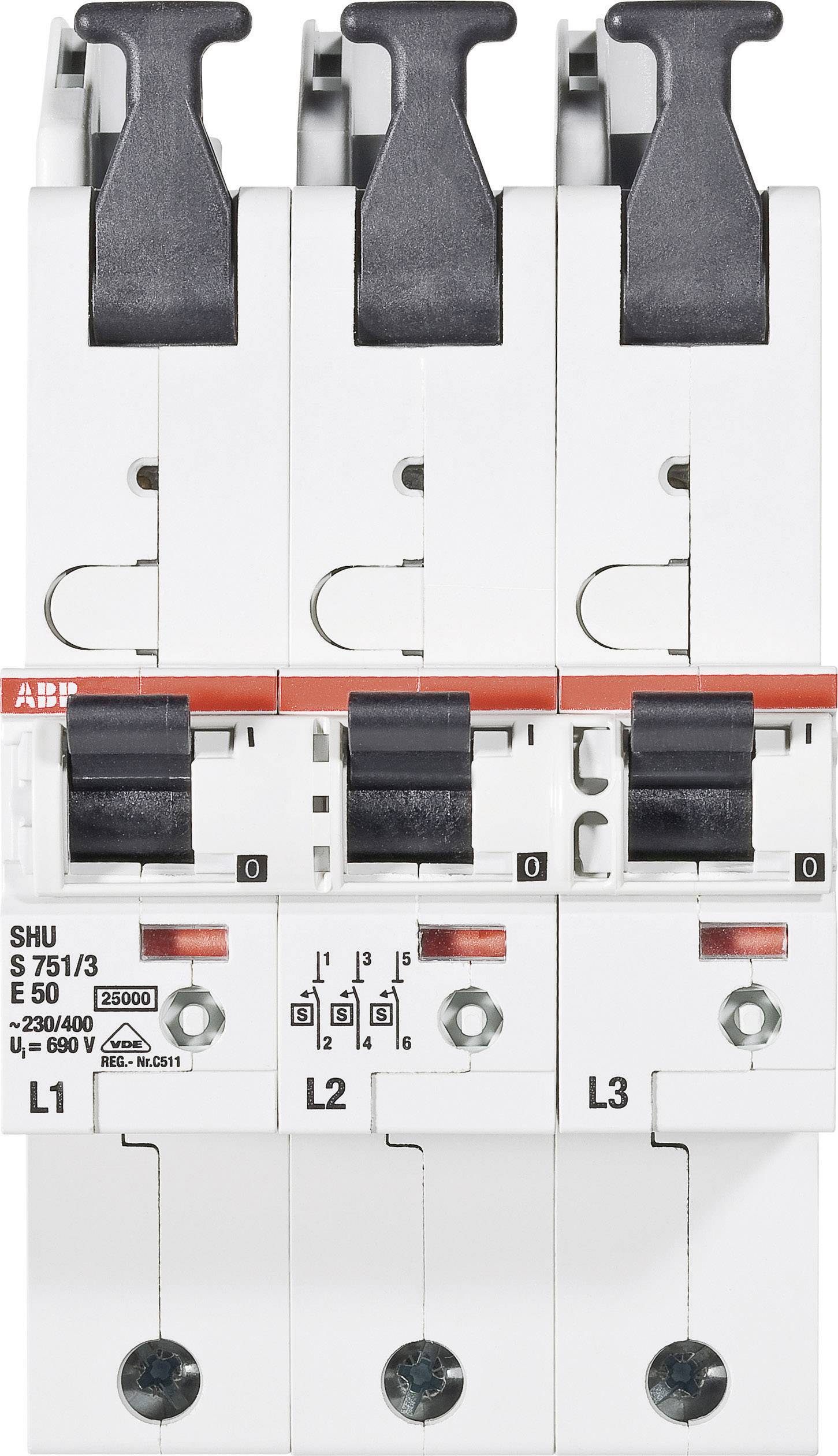 Een driepolige vermogensschakelaar met markeringen: L1, L2, L3. Ontwikkeld voor elektrische installaties. Merknaam zichtbaar.