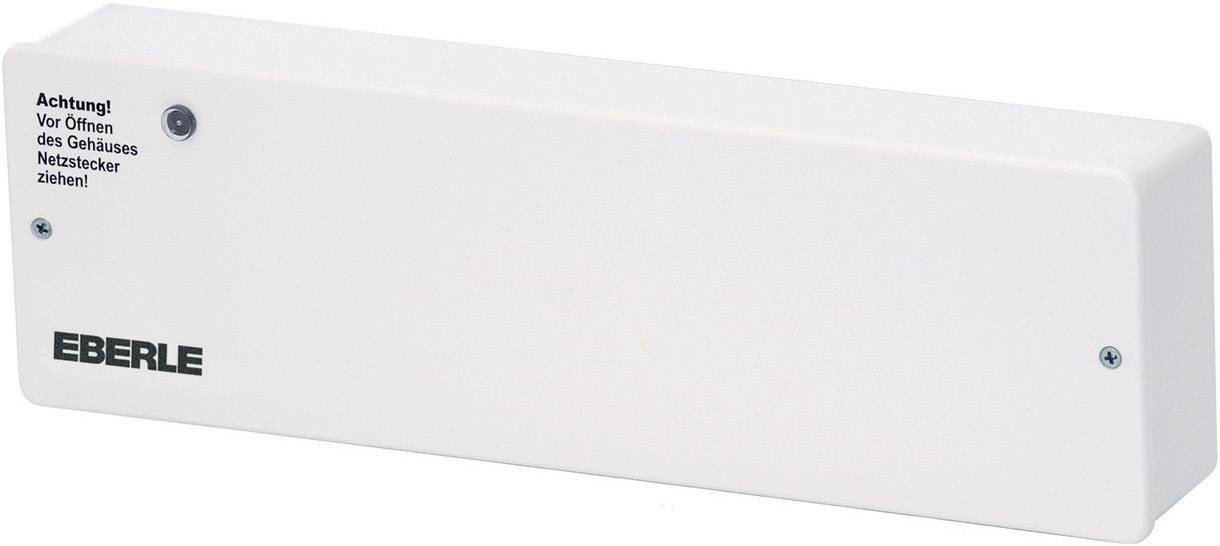Witte elektronische besturings-eenheid van het merk EBERLE met waarschuwing 'Let op! Trek de netstekker uit voordat u de behuizing opent!'.