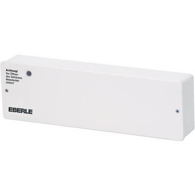 Witte elektronische besturings-eenheid van het merk EBERLE met waarschuwing 'Let op! Trek de netstekker uit voordat u de behuizing opent!'.