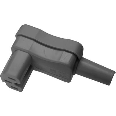 Grijs, L-vormig kunststof onderdeel met twee steekverbindingen en een conisch uiteinde. Mogelijk een elektrische connector.