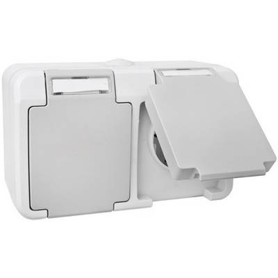 Witte, weerbestendige dubbele wandcontactdoos met een open en een gesloten afdekking, geschikt voor buitengebruik.