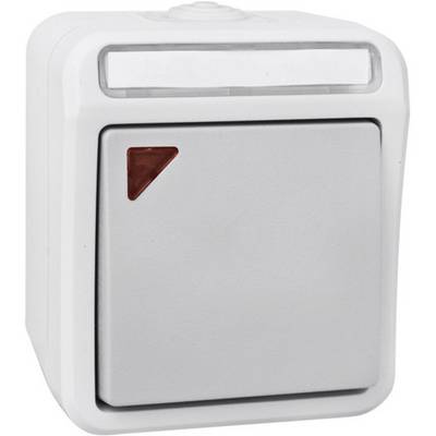 Een witte lichtschakelaar met een rood driehoekje linksboven op het schakeloppervlak, voor een neutrale achtergrond.