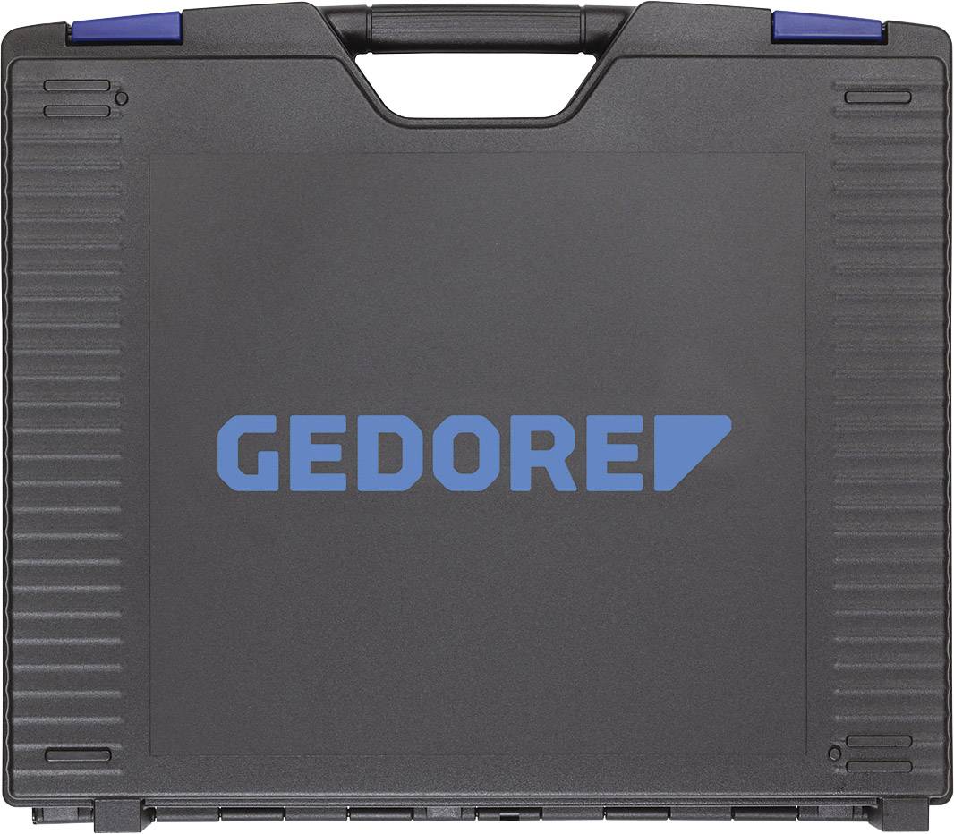 Zwarte gereedschapskoffer met blauw 'GEDORE'-logo in het midden, handgreep bovenaan, geribde details aan de zijkanten, gesloten.