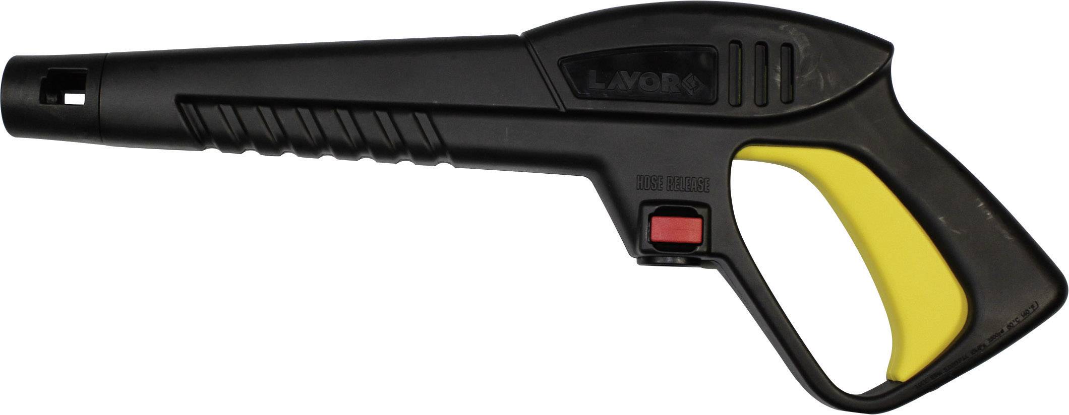 Een zwarte hogedrukreiniger-handgreep met een geel handvat en een rode knop.