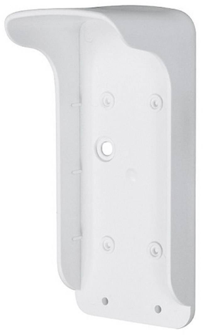 Een witte, rechthoekige houder met afgeronde hoeken en schroefgaten, waarschijnlijk bedoeld voor wandmontage van apparaten.