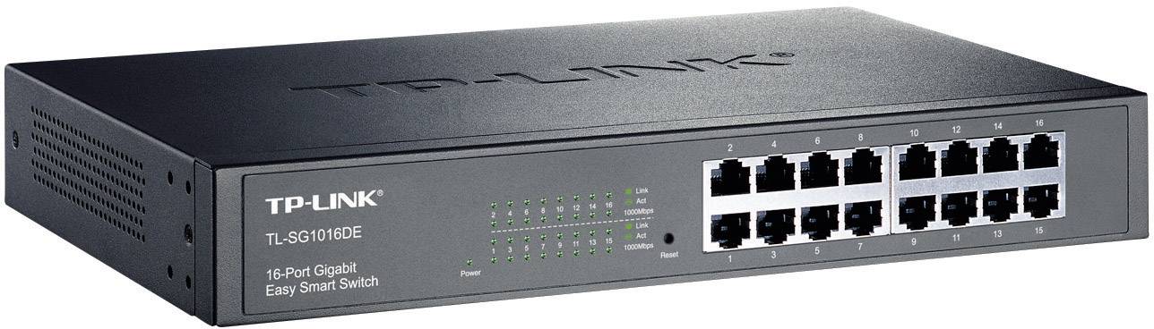 TP-Link 16-Poorts Gigabit Easy Smart Switch, Model TL-SG1016DE, zwart, met LED-indicatoren en netwerkkabelaansluitingen.