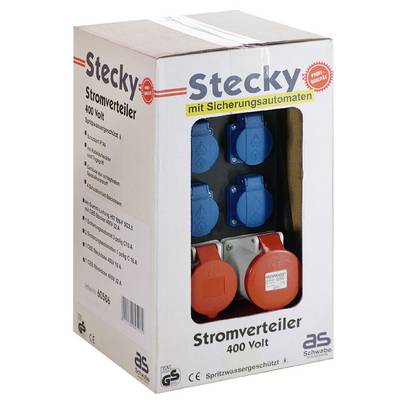 Verpakking toont een stroomverdeler met meerdere stopcontacten, geschikt voor 400 volt. Bevat etiketten en veiligheidscertificaten.