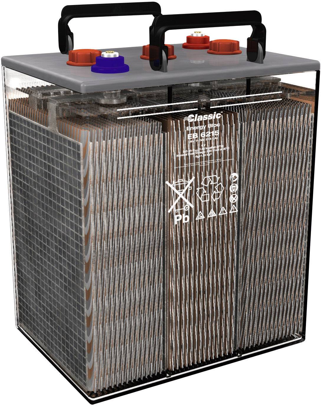 Grote rechthoekige batterij met transparante behuizing, toont binnenste plaatstructuur. Bovenaan twee draaggrepen en aansluitingen voor plus en min.