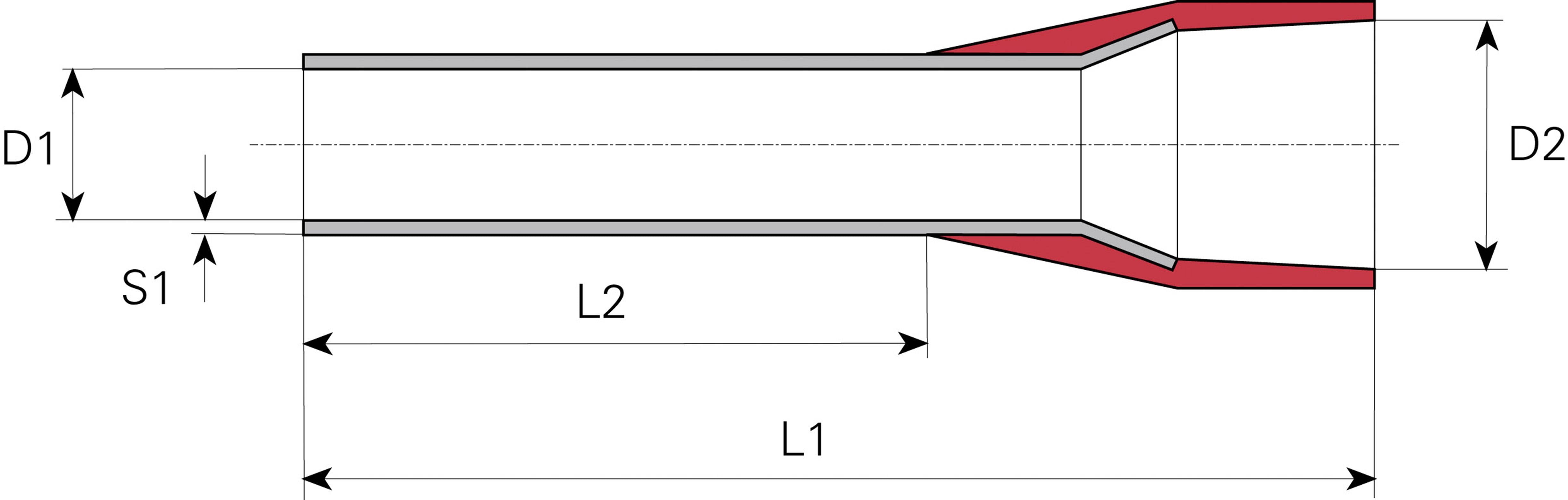 Technische tekening van een buis met afmetingen: D1, D2 (diameter); S1 (wanddikte); L1, L2 (lengtes). Rode markering aan het uiteinde.