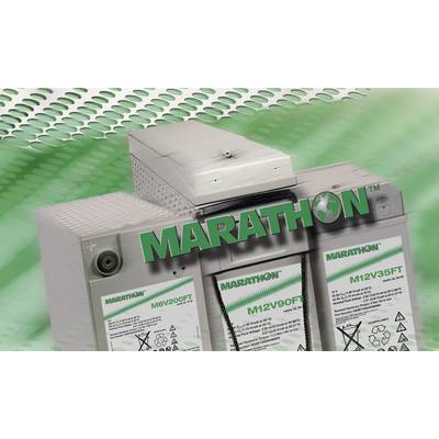 Drie autobatterijen van het merk 'Marathon', model M6V200FT, M12V90FT en M12V35FT, voor een groene, gestructureerde achtergrond.