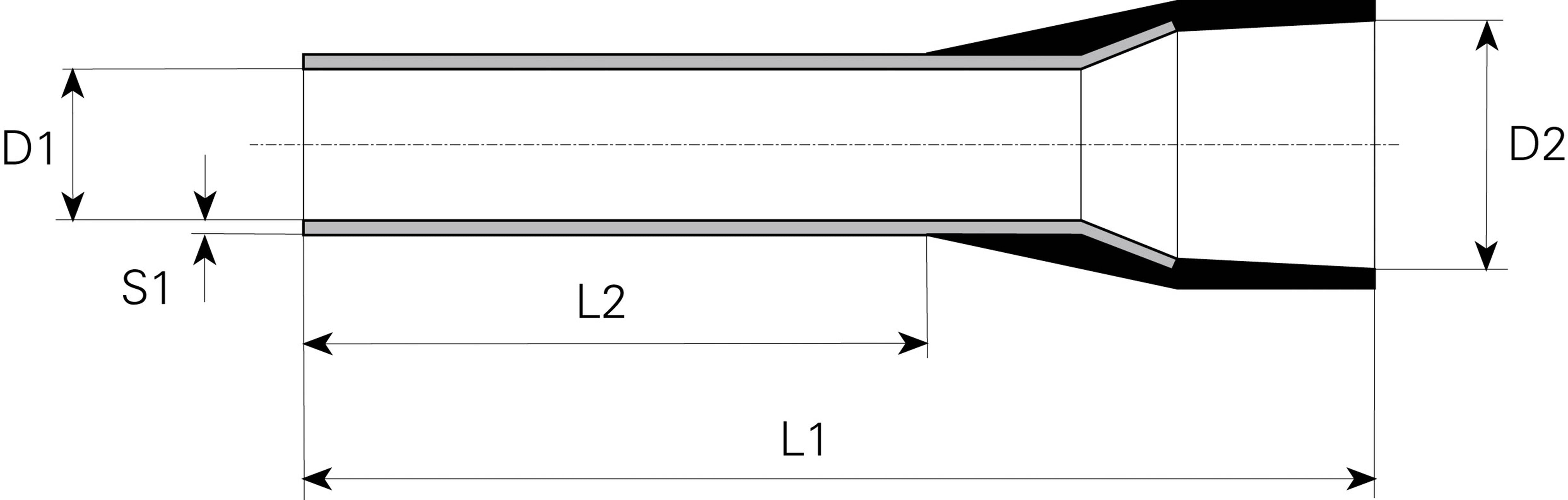 Schematische weergave van een metalen buis met twee secties: Links een smaller gedeelte (D1), rechts een breder gedeelte (D2). Lengte (L1, L2) en wanddikte (S1) zijn gemarkeerd.