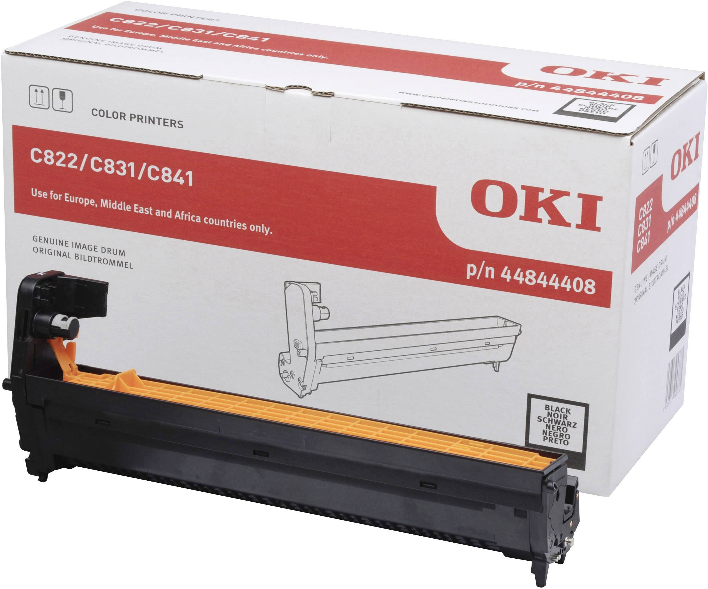 Verpakking van een OKI-printerdrumvervanging voor modellen C822/C831/C841, geschikt voor Europa, het Midden-Oosten en Afrika.