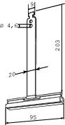 Schema van een metalen onderdeel met afmetingen: hoogte 203 mm, breedte 95 mm, diameter van de boring 4,6 mm, dwarsarm op 20 mm.