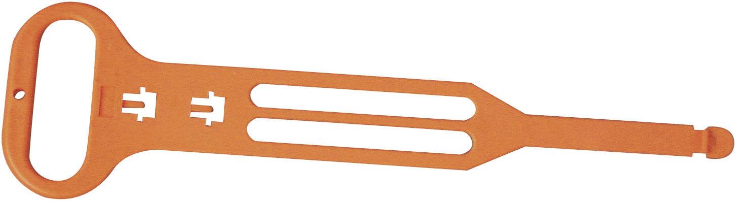 Een oranje plastic gereedschap met een handvat en lange, smalle sleuven, waarschijnlijk gebruikt voor het manipuleren van voorwerpen.