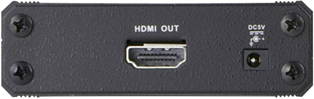 Apparaat met een HDMI-uitgangsaansluiting en een DC5V-stroomaansluitingop de voorkant.
