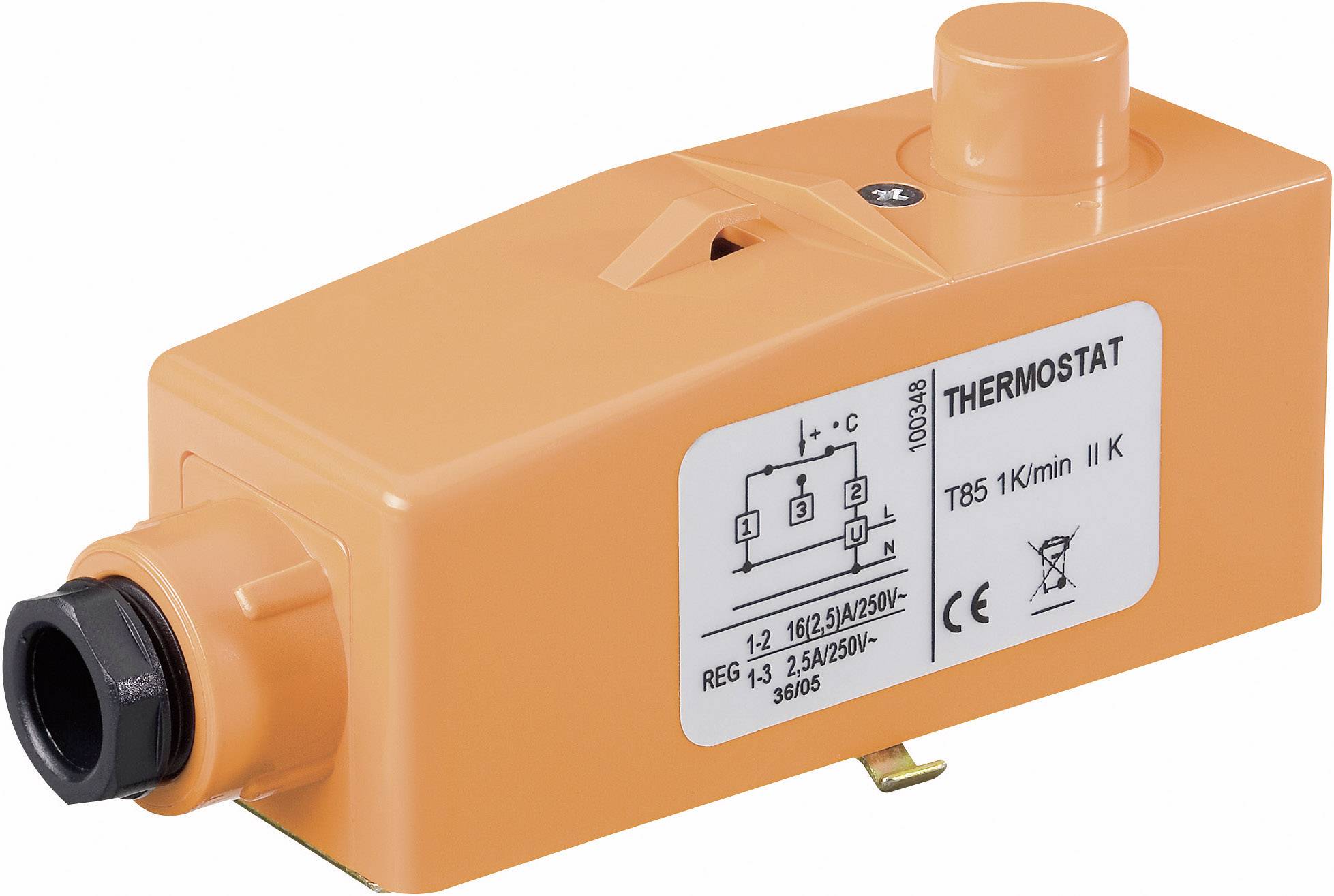 Oranje thermostaat met technisch diagram aan de zijkant, toont schakelschema en elektrische specificaties.