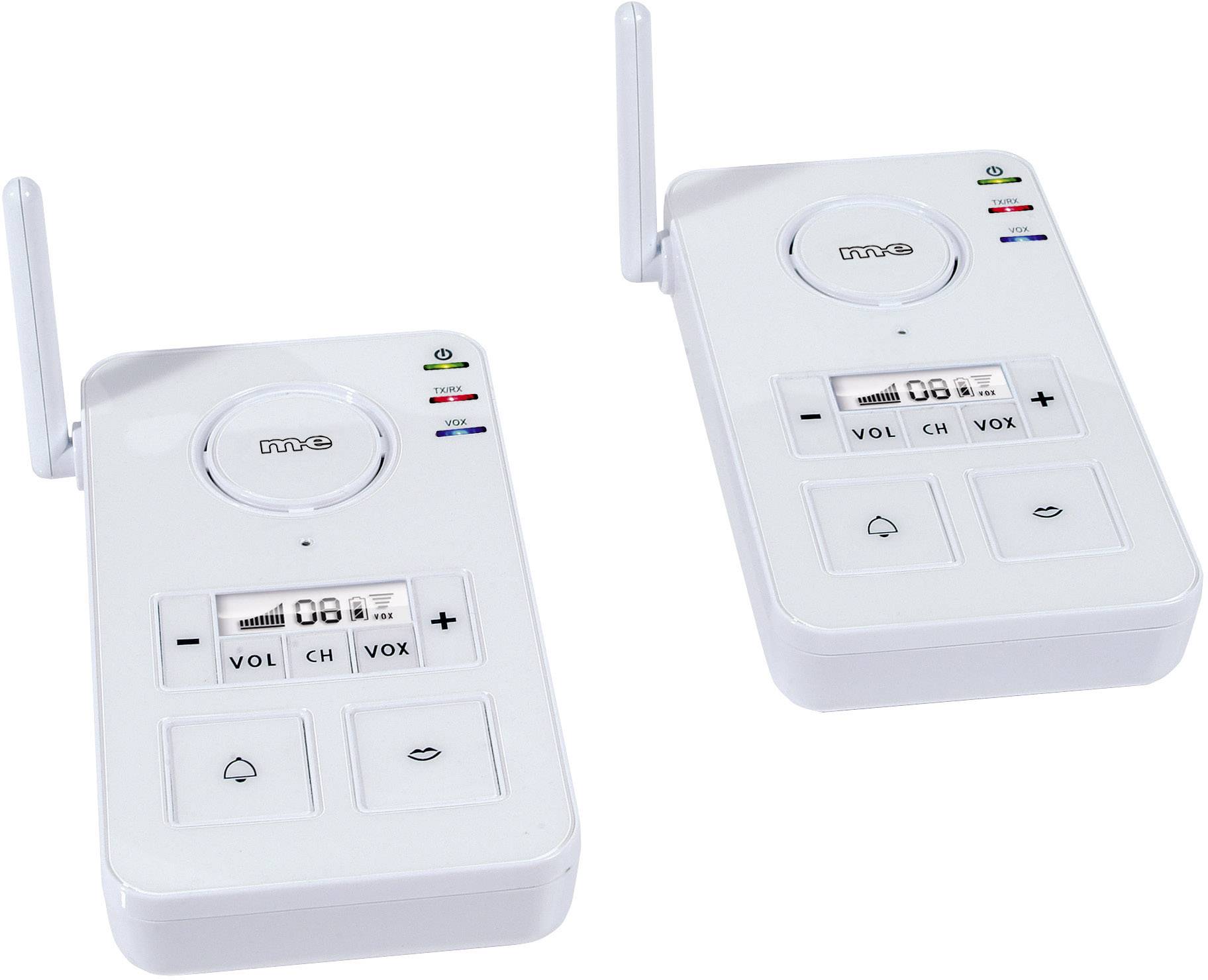 Twee witte babyfoon-eenheden met antennes en digitale schermen die volume en kanaalinstellingen weergeven.