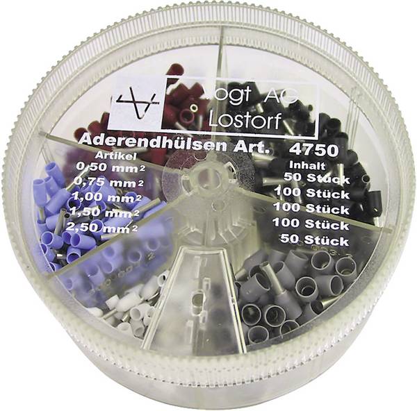 Vogt Verbindungstechnik 4750 Assortiment adereindhulzen 0.5 mm², 0.75 mm², 1 mm², 1.5 mm², 2.5 mm² Deels geïsoleerd Wit, Lichtblauw, Rood, Zwart, Grijs 400 stuk(s)