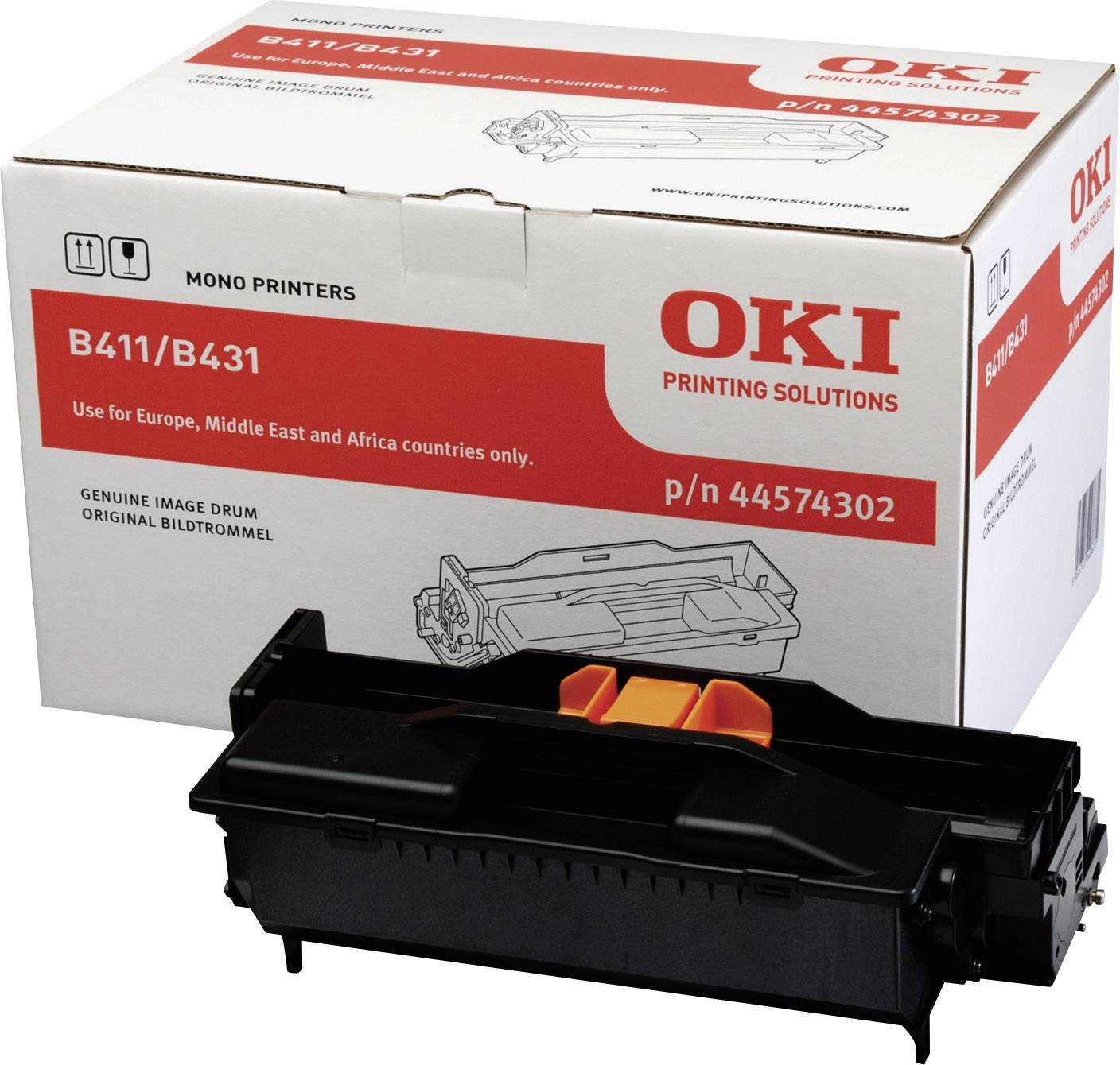 Toner-cartridge en verpakking voor OKI-printermodel B411/B431, geschikt voor Europa, Midden-Oosten en Afrika.