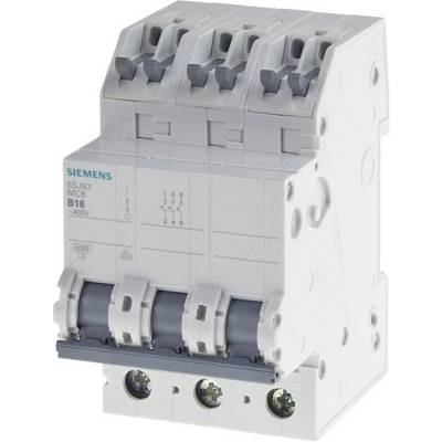 Een driepolige Siemens-vermogensschakelaar, model B16, toont schakelingsmechanismen met vermelding '400V'. Geschikt voor apparaatbeveiliging.