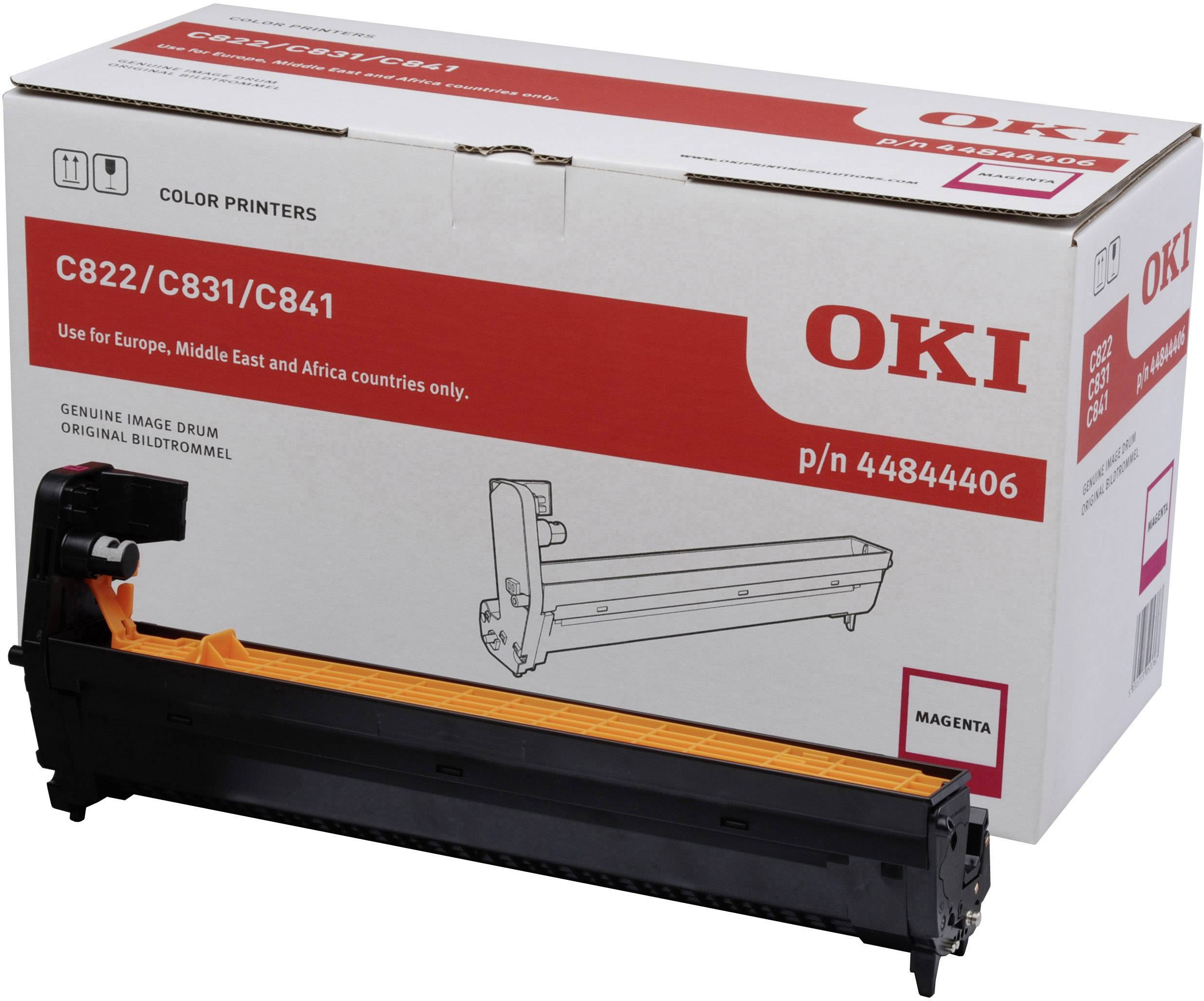 Een Oki printercartridge voor de modellen C822, C831, C841. Verpakking benadrukt gebruik in Europa, het Midden-Oosten en Afrika.