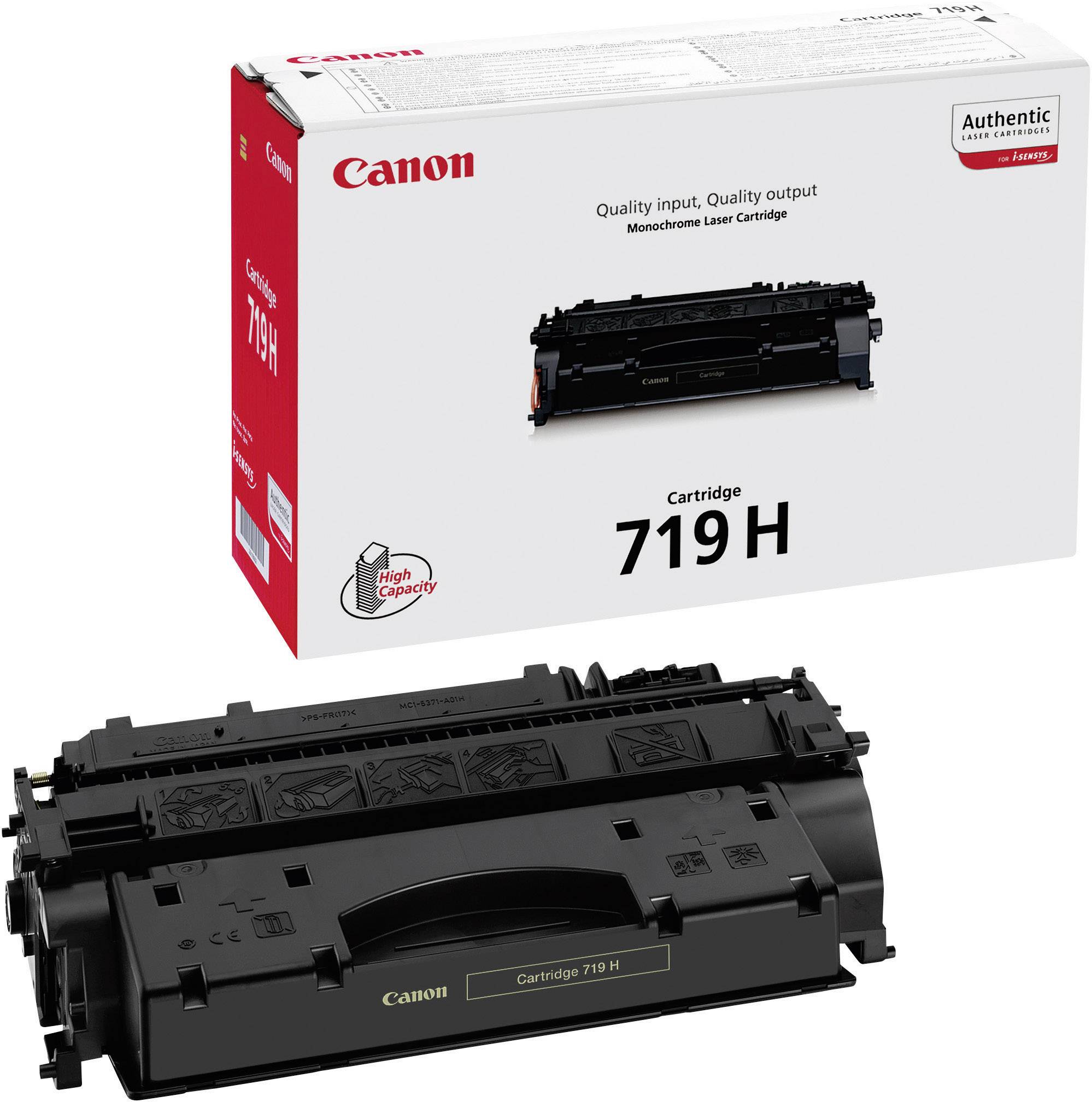 Canon 719H Tonercartridge, zwart, hoge capaciteit, afgebeeld in verpakking. Geschikt voor monochrome laserprinters.