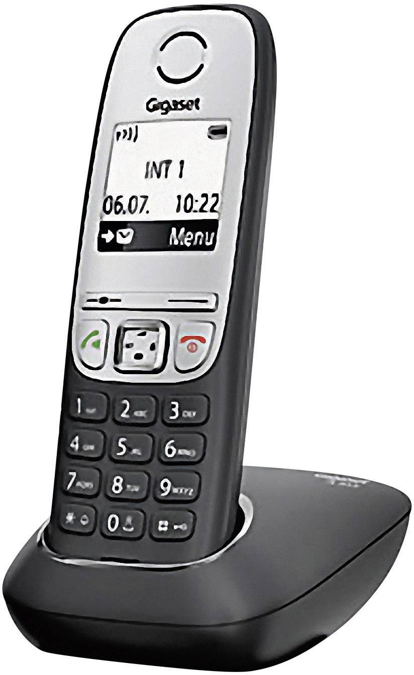 Draadloze telefoon met basisstation, display toont datum en tijd. Merknaam bovenaan het apparaat zichtbaar.