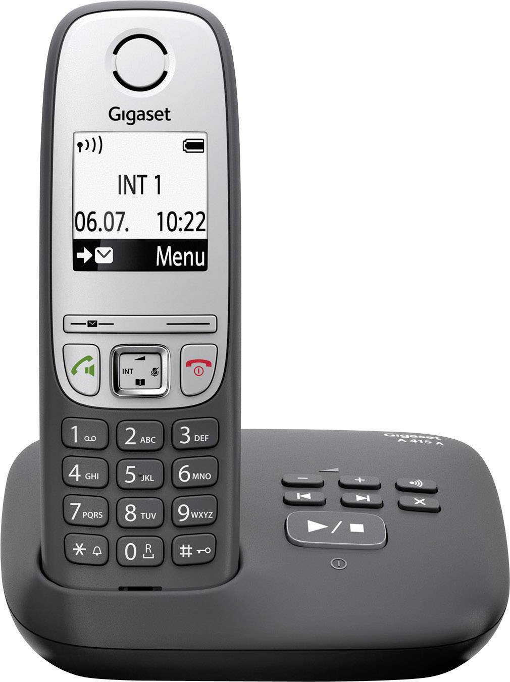 Een draadloze vaste telefoon met basisstation. Op het display staan datum '06.07' en tijd '10:22'.