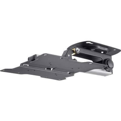 Metalen plafondsteun voor projector, zwart, verstelbaar, met zwenkarm en bevestigingsonderdelen.