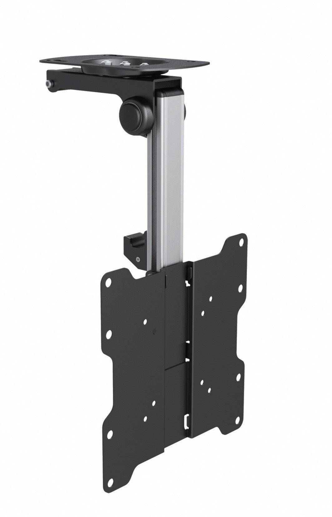Afbeelding van een verstelbare beeldschermhouder met mechanische hefboom, geschikt voor montage aan plafonds of muren, in zwart en zilver.